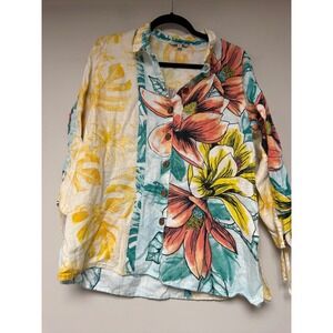 JOHN MARK Linen Tropical Floral Patchwork Shirt Button Down Size M